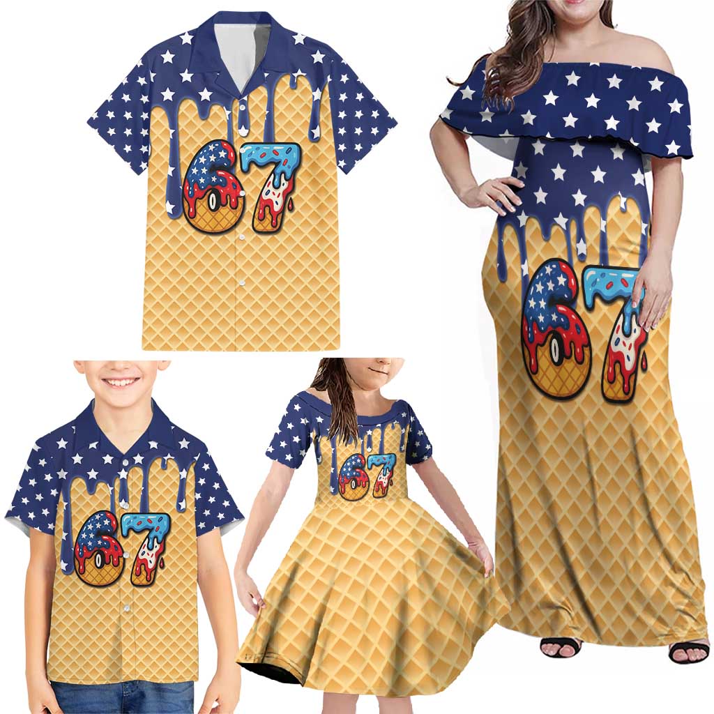 American Flag Ice Cream Drip Family Matching Off Shoulder Maxi Dress and Hawaiian Shirt 67 Meme Gen Alpha Slang Tee - Wonder Print Shop