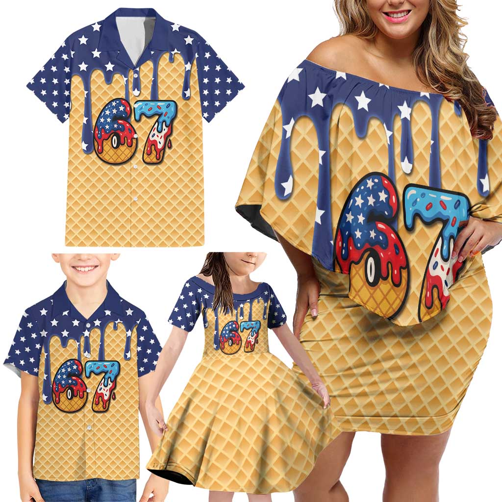American Flag Ice Cream Drip Family Matching Off Shoulder Short Dress and Hawaiian Shirt 67 Meme Gen Alpha Slang Tee - Wonder Print Shop