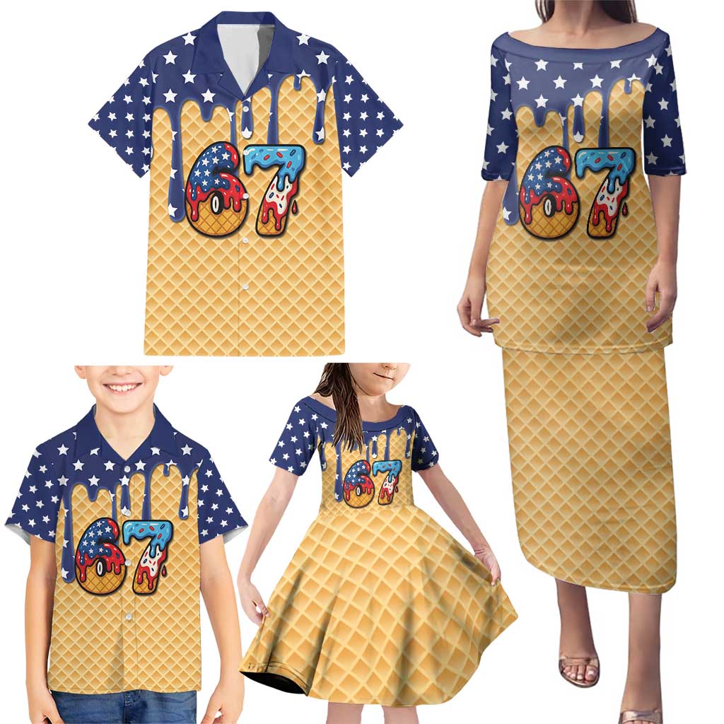 American Flag Ice Cream Drip Family Matching Puletasi and Hawaiian Shirt 67 Meme Gen Alpha Slang Tee - Wonder Print Shop