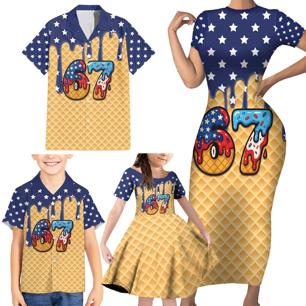 American Flag Ice Cream Drip Family Matching Short Sleeve Bodycon Dress and Hawaiian Shirt 67 Meme Gen Alpha Slang Tee - Wonder Print Shop