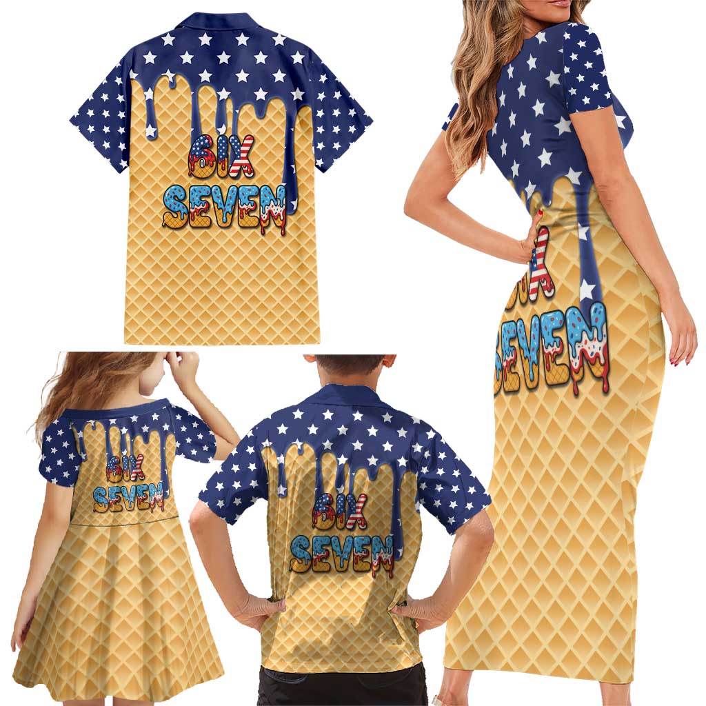 American Flag Ice Cream Drip Family Matching Short Sleeve Bodycon Dress and Hawaiian Shirt 67 Meme Gen Alpha Slang Tee - Wonder Print Shop
