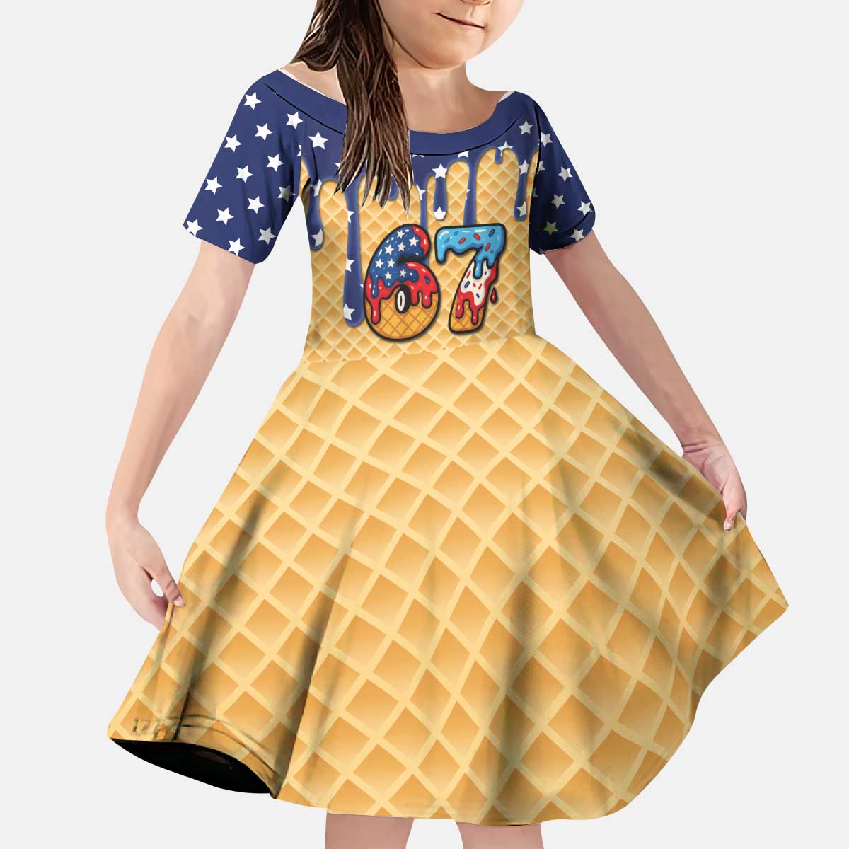 American Flag Ice Cream Drip Kid Short Sleeve Dress 67 Meme Gen Alpha Slang Tee - Wonder Print Shop