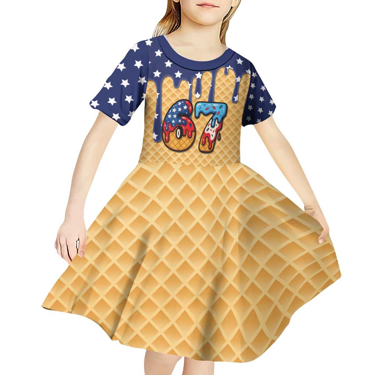 American Flag Ice Cream Drip Kid Short Sleeve Dress 67 Meme Gen Alpha Slang Tee - Wonder Print Shop