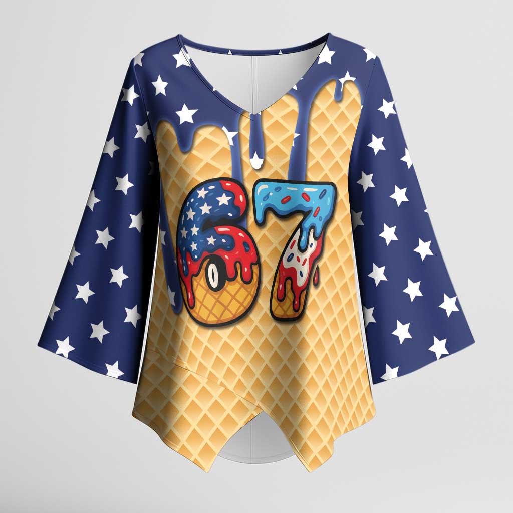 American Flag Ice Cream Drip Kimono Sleeve Blouse 67 Meme Gen Alpha Slang Tee - Wonder Print Shop