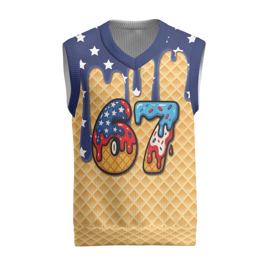 American Flag Ice Cream Drip Christmas Knitted V-Neck Vest 67 Meme Gen Alpha Slang Tee - Wonder Print Shop