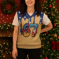 American Flag Ice Cream Drip Christmas Knitted V-Neck Vest 67 Meme Gen Alpha Slang Tee - Wonder Print Shop