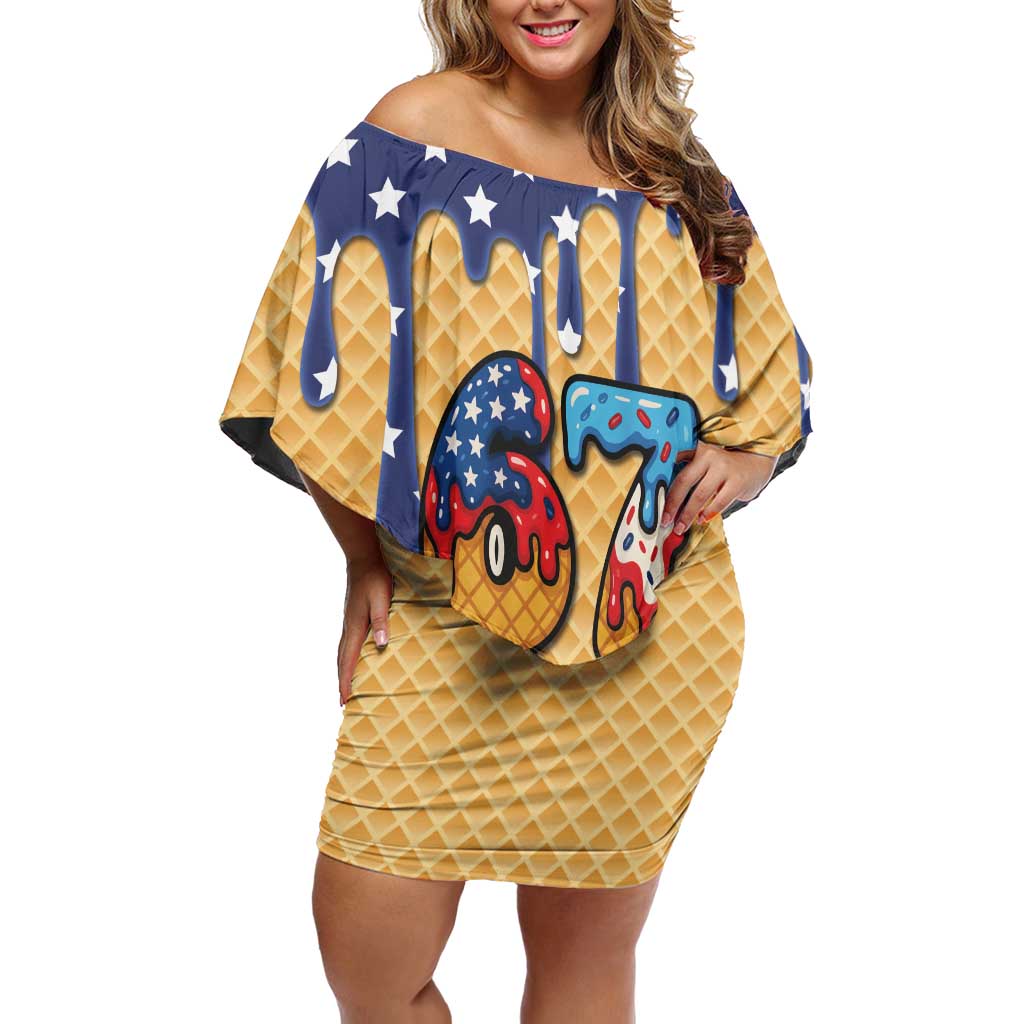 American Flag Ice Cream Drip Off Shoulder Short Dress 67 Meme Gen Alpha Slang Tee - Wonder Print Shop