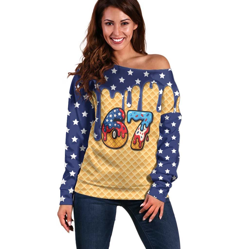American Flag Ice Cream Drip Off Shoulder Sweater 67 Meme Gen Alpha Slang Tee - Wonder Print Shop