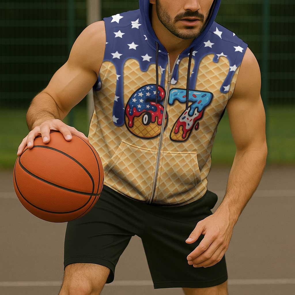 American Flag Ice Cream Drip Sleeveless Zip Hoodie 67 Meme Gen Alpha Slang Tee - Wonder Print Shop