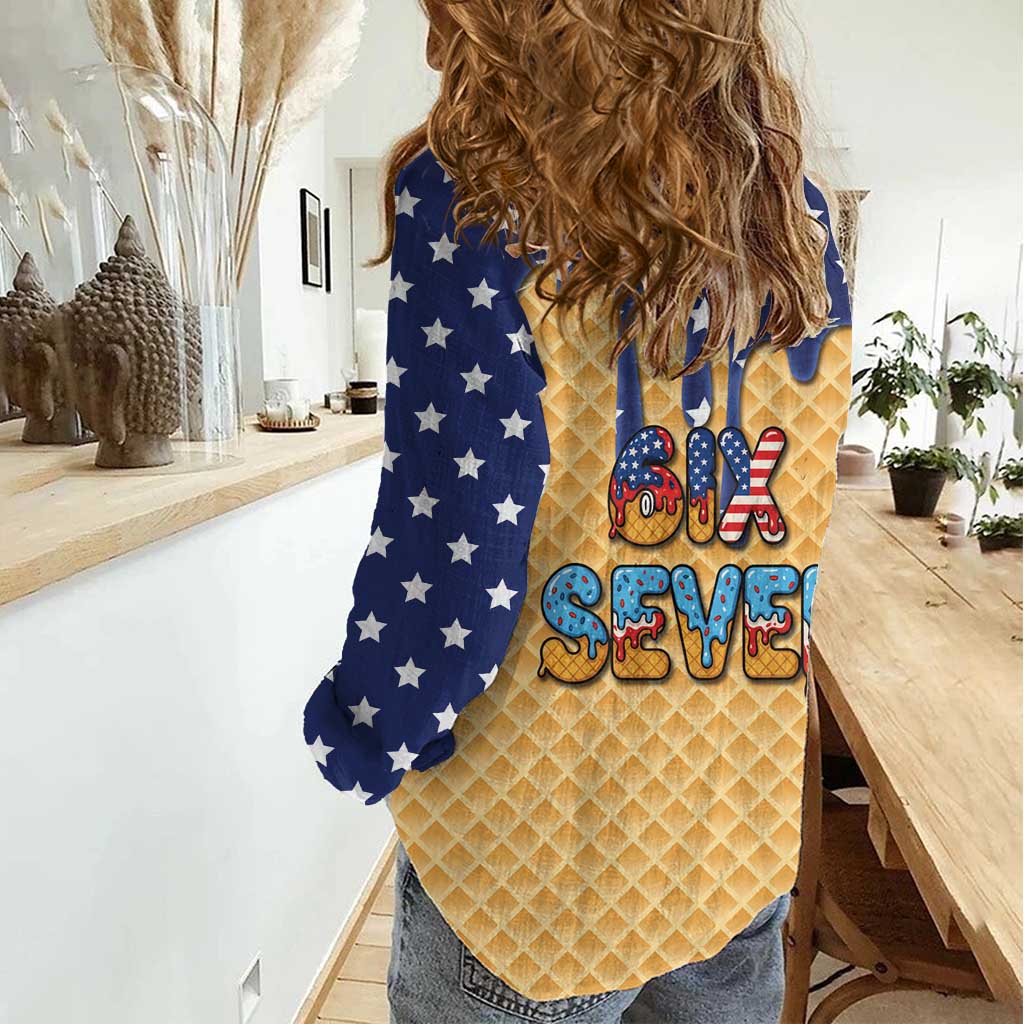 American Flag Ice Cream Drip Women Casual Shirt 67 Meme Gen Alpha Slang Tee - Wonder Print Shop