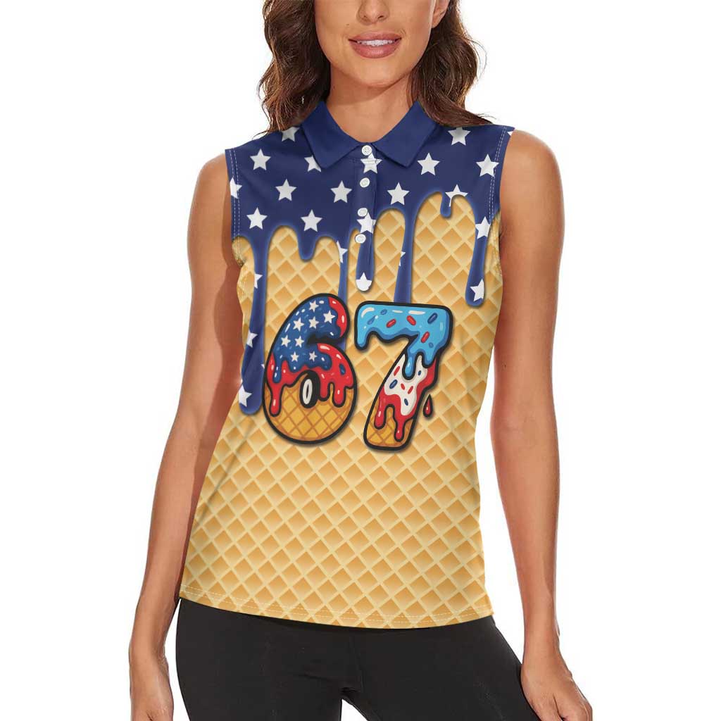 American Flag Ice Cream Drip Women Sleeveless Polo Shirt 67 Meme Gen Alpha Slang Tee - Wonder Print Shop