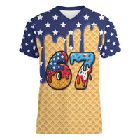 American Flag Ice Cream Drip Women V-Neck T-Shirt 67 Meme Gen Alpha Slang Tee - Wonder Print Shop