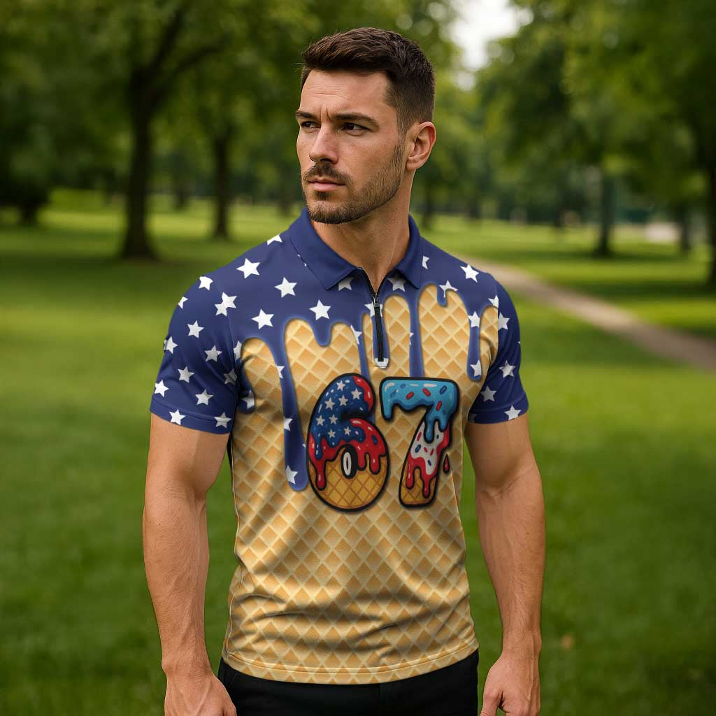American Flag Ice Cream Drip Zipper Polo Shirt 67 Meme Gen Alpha Slang Tee - Wonder Print Shop