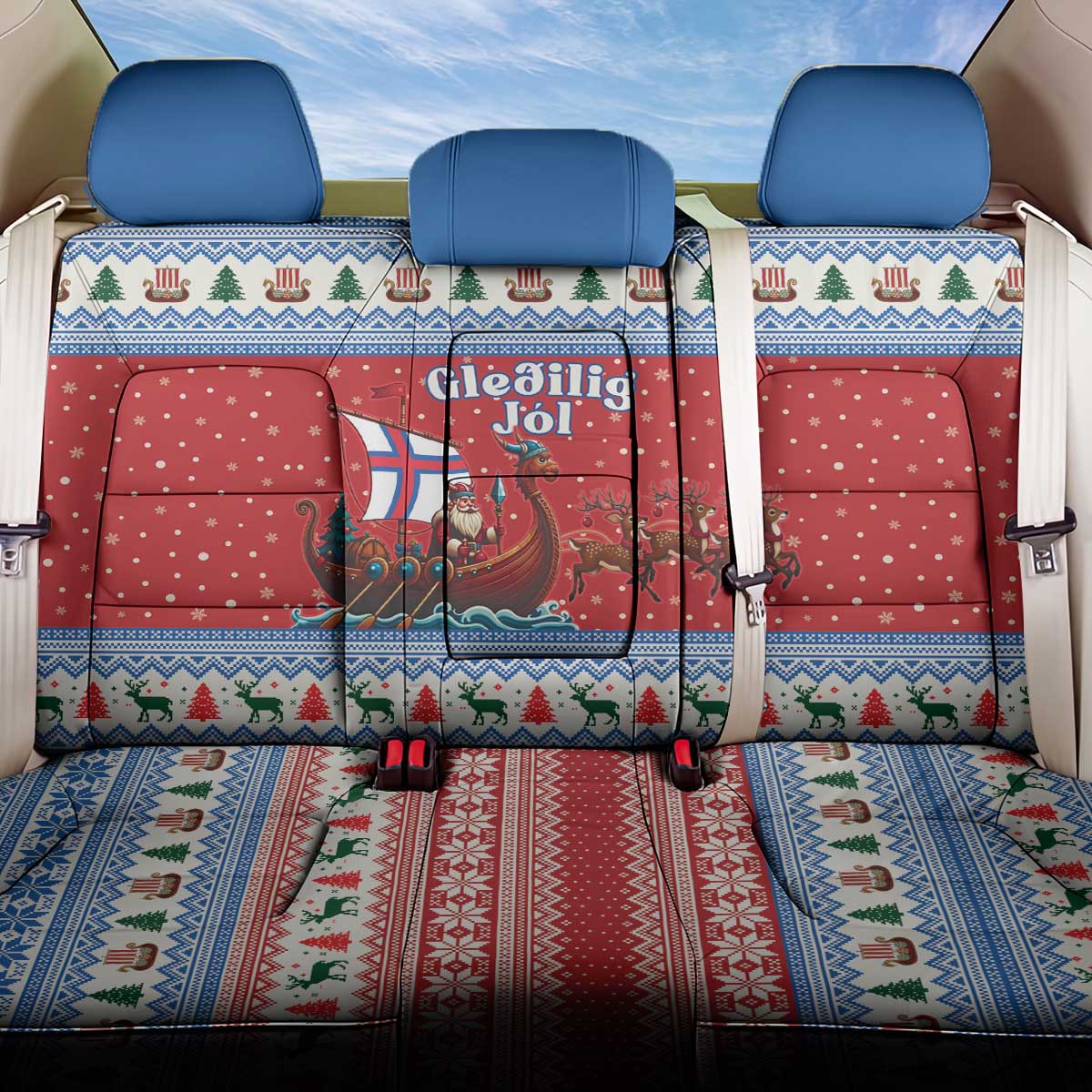 Faroe Islands Viking Santa Christmas Back Car Seat Cover Funny Reindeer Norse Xmas - Wonder Print Shop