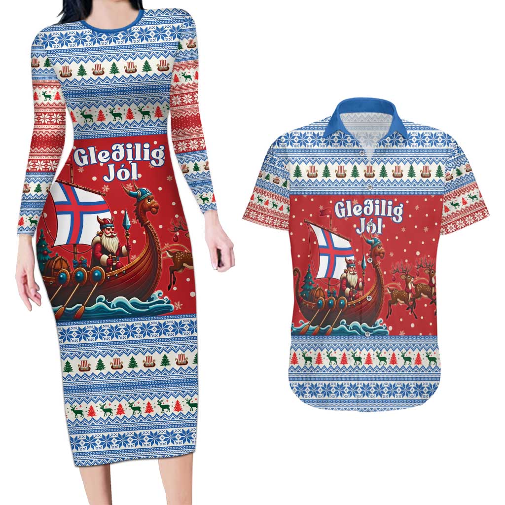 Faroe Islands Viking Santa Christmas Couples Matching Long Sleeve Bodycon Dress and Hawaiian Shirt Funny Reindeer Norse Xmas - Wonder Print Shop