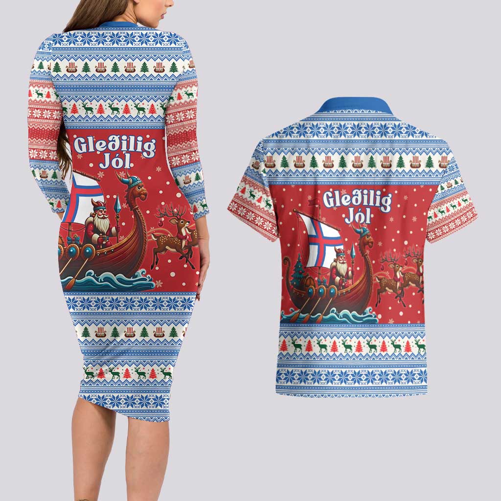 Faroe Islands Viking Santa Christmas Couples Matching Long Sleeve Bodycon Dress and Hawaiian Shirt Funny Reindeer Norse Xmas - Wonder Print Shop
