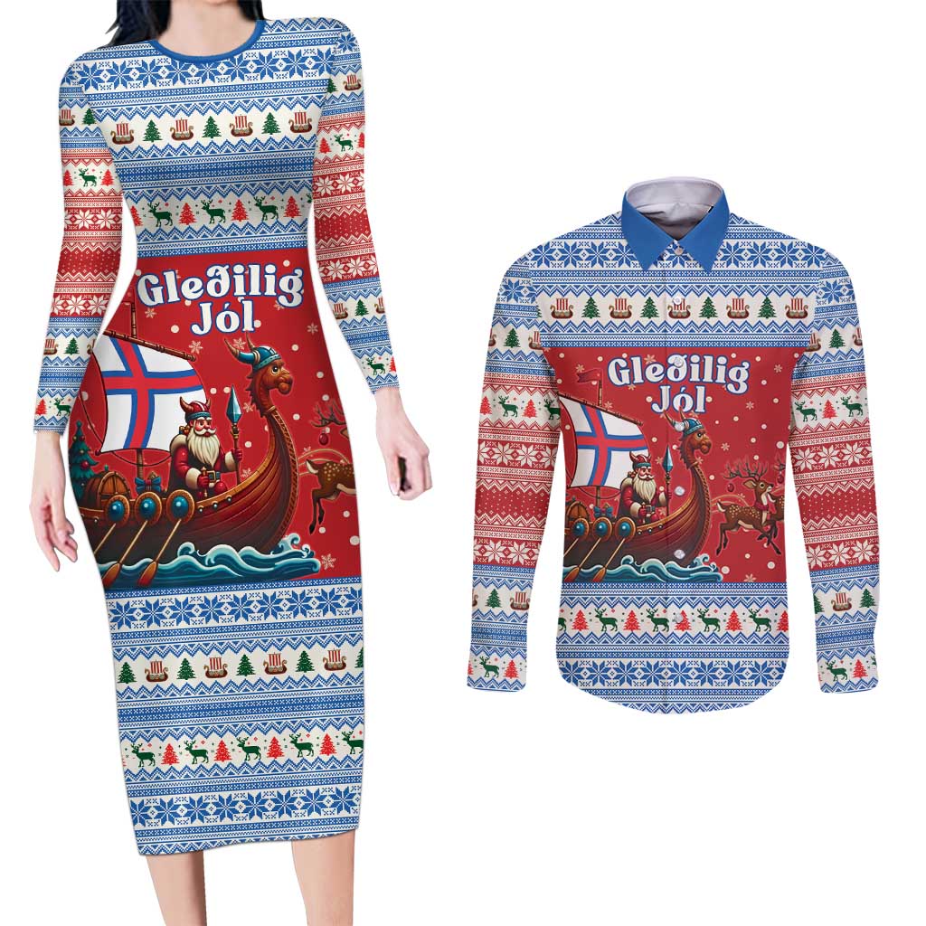 Faroe Islands Viking Santa Christmas Couples Matching Long Sleeve Bodycon Dress and Long Sleeve Button Shirt Funny Reindeer Norse Xmas - Wonder Print Shop