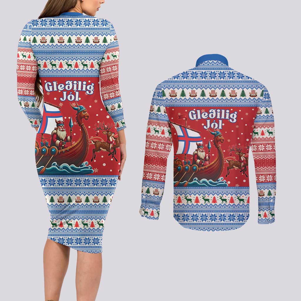 Faroe Islands Viking Santa Christmas Couples Matching Long Sleeve Bodycon Dress and Long Sleeve Button Shirt Funny Reindeer Norse Xmas - Wonder Print Shop