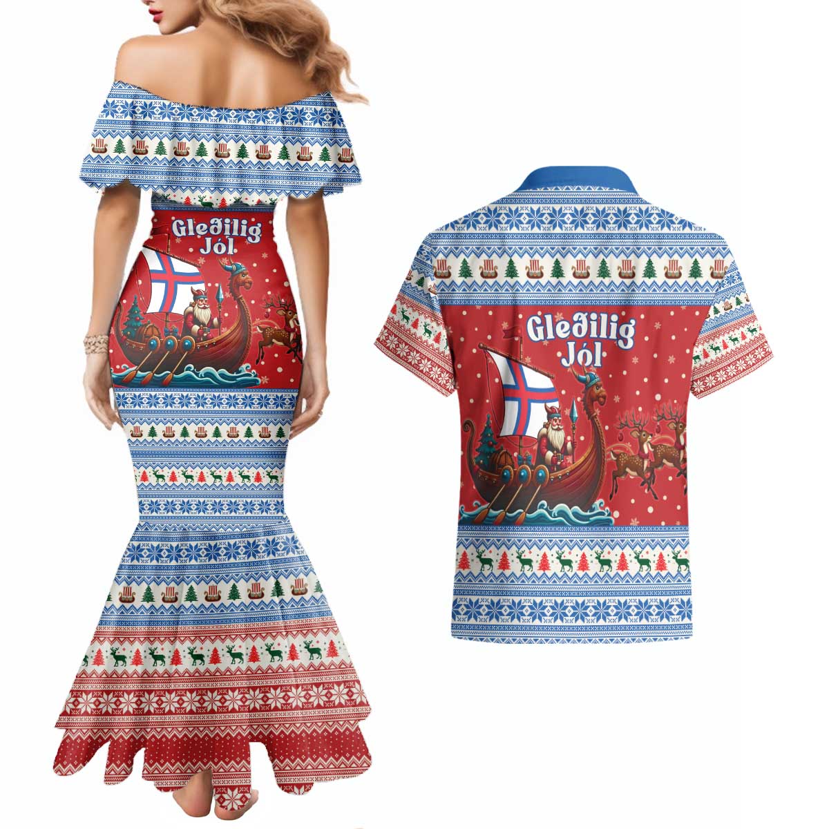 Faroe Islands Viking Santa Christmas Couples Matching Mermaid Dress and Hawaiian Shirt Funny Reindeer Norse Xmas - Wonder Print Shop