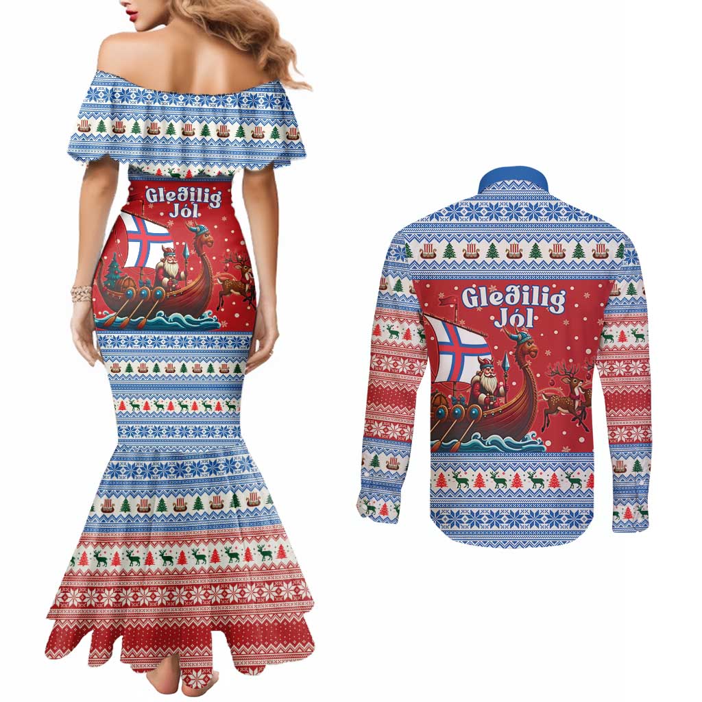 Faroe Islands Viking Santa Christmas Couples Matching Mermaid Dress and Long Sleeve Button Shirt Funny Reindeer Norse Xmas - Wonder Print Shop