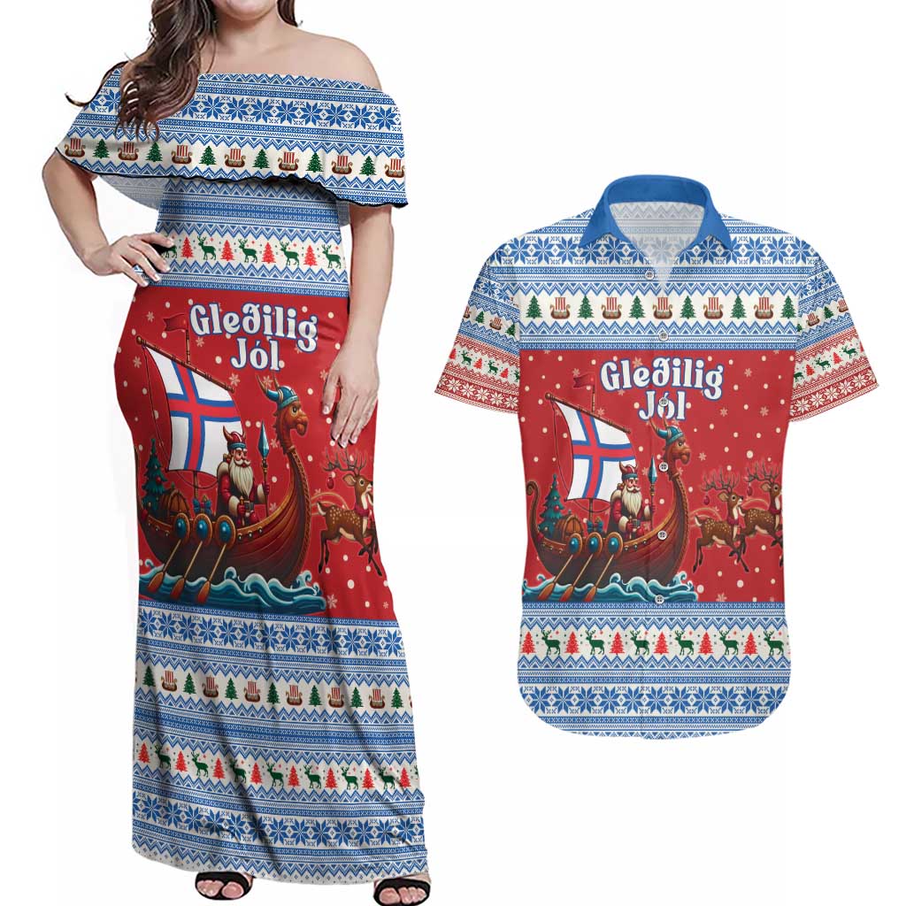 Faroe Islands Viking Santa Christmas Couples Matching Off Shoulder Maxi Dress and Hawaiian Shirt Funny Reindeer Norse Xmas - Wonder Print Shop
