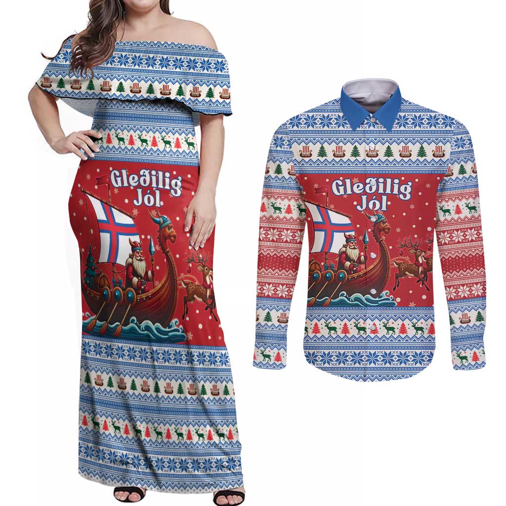 Faroe Islands Viking Santa Christmas Couples Matching Off Shoulder Maxi Dress and Long Sleeve Button Shirt Funny Reindeer Norse Xmas - Wonder Print Shop