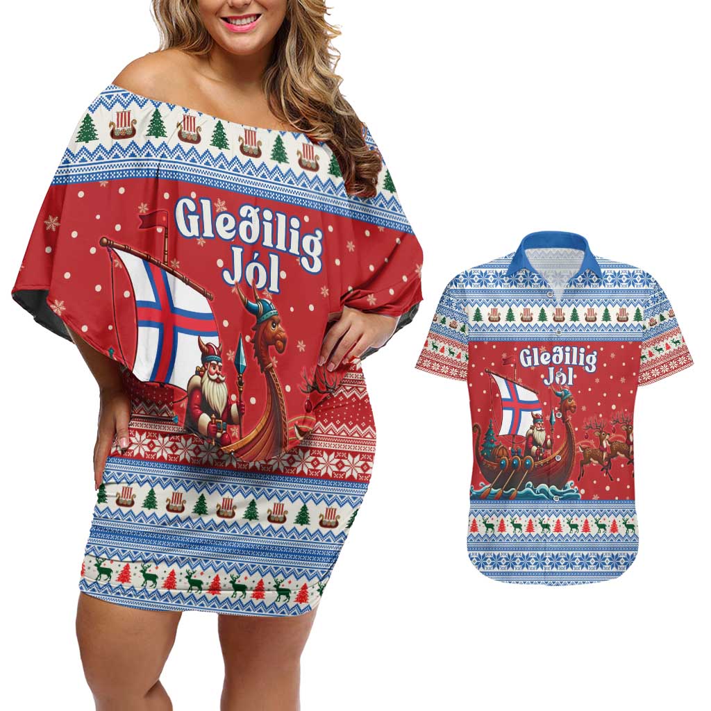 Faroe Islands Viking Santa Christmas Couples Matching Off Shoulder Short Dress and Hawaiian Shirt Funny Reindeer Norse Xmas - Wonder Print Shop