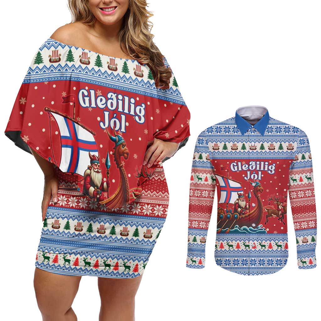 Faroe Islands Viking Santa Christmas Couples Matching Off Shoulder Short Dress and Long Sleeve Button Shirt Funny Reindeer Norse Xmas - Wonder Print Shop
