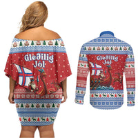 Faroe Islands Viking Santa Christmas Couples Matching Off Shoulder Short Dress and Long Sleeve Button Shirt Funny Reindeer Norse Xmas - Wonder Print Shop