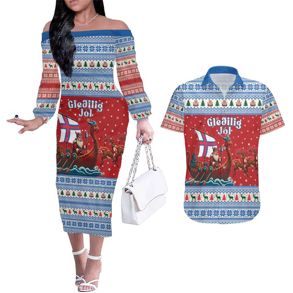 Faroe Islands Viking Santa Christmas Couples Matching Off The Shoulder Long Sleeve Dress and Hawaiian Shirt Funny Reindeer Norse Xmas - Wonder Print Shop