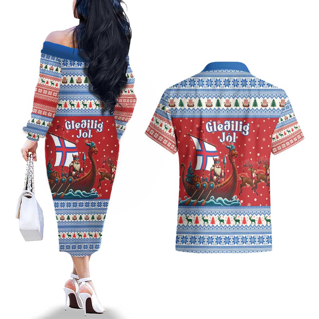 Faroe Islands Viking Santa Christmas Couples Matching Off The Shoulder Long Sleeve Dress and Hawaiian Shirt Funny Reindeer Norse Xmas - Wonder Print Shop