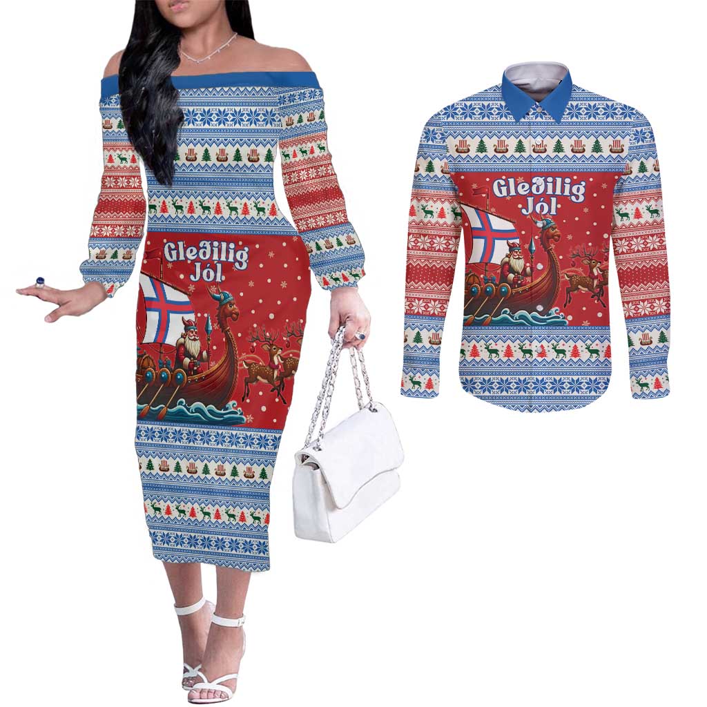 Faroe Islands Viking Santa Christmas Couples Matching Off The Shoulder Long Sleeve Dress and Long Sleeve Button Shirt Funny Reindeer Norse Xmas - Wonder Print Shop