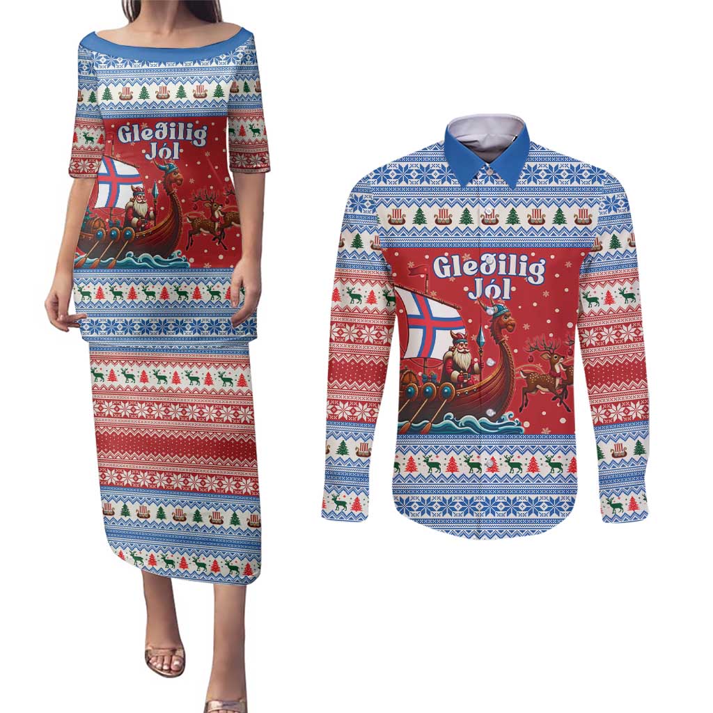 Faroe Islands Viking Santa Christmas Couples Matching Puletasi and Long Sleeve Button Shirt Funny Reindeer Norse Xmas - Wonder Print Shop