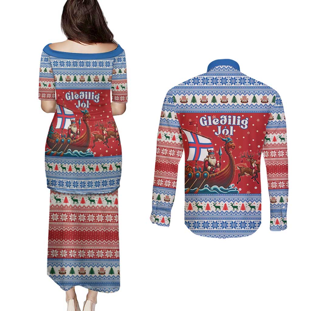 Faroe Islands Viking Santa Christmas Couples Matching Puletasi and Long Sleeve Button Shirt Funny Reindeer Norse Xmas - Wonder Print Shop