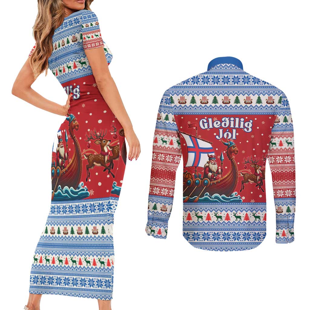 Faroe Islands Viking Santa Christmas Couples Matching Short Sleeve Bodycon Dress and Long Sleeve Button Shirt Funny Reindeer Norse Xmas - Wonder Print Shop