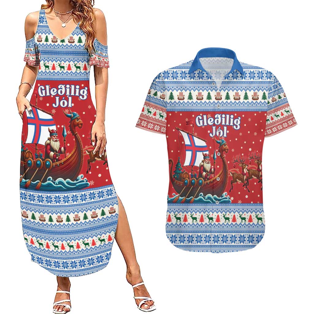 Faroe Islands Viking Santa Christmas Couples Matching Summer Maxi Dress and Hawaiian Shirt Funny Reindeer Norse Xmas - Wonder Print Shop