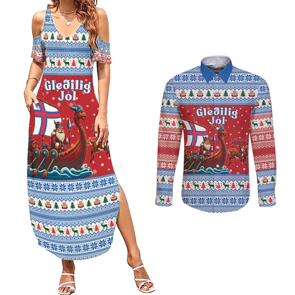 Faroe Islands Viking Santa Christmas Couples Matching Summer Maxi Dress and Long Sleeve Button Shirt Funny Reindeer Norse Xmas - Wonder Print Shop