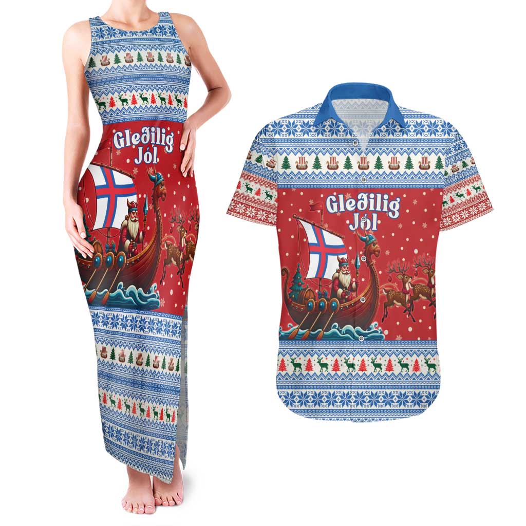 Faroe Islands Viking Santa Christmas Couples Matching Tank Maxi Dress and Hawaiian Shirt Funny Reindeer Norse Xmas - Wonder Print Shop