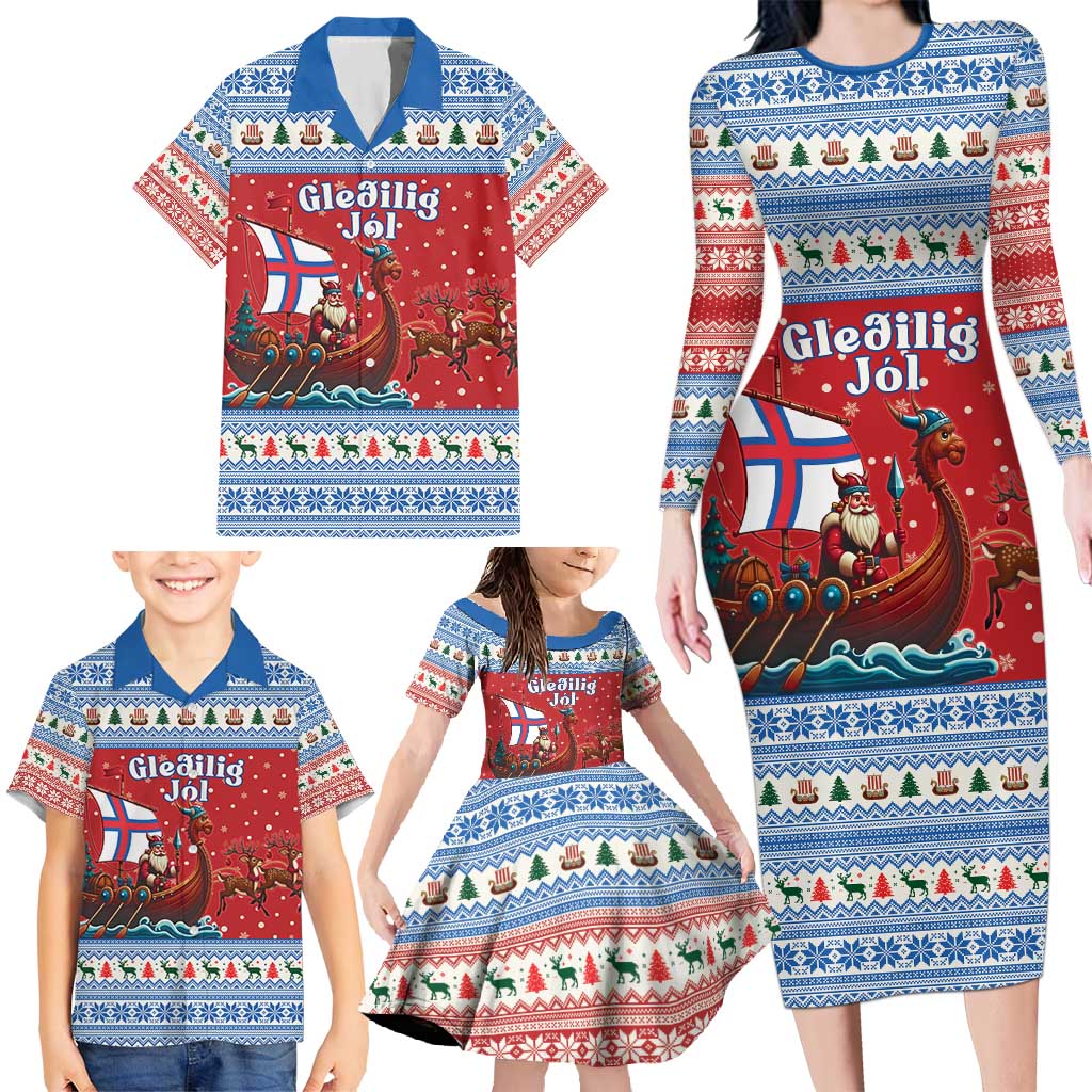 Faroe Islands Viking Santa Christmas Family Matching Long Sleeve Bodycon Dress and Hawaiian Shirt Funny Reindeer Norse Xmas - Wonder Print Shop