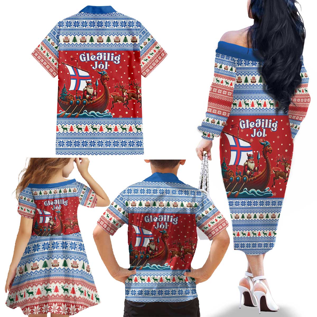 Faroe Islands Viking Santa Christmas Family Matching Off The Shoulder Long Sleeve Dress and Hawaiian Shirt Funny Reindeer Norse Xmas - Wonder Print Shop