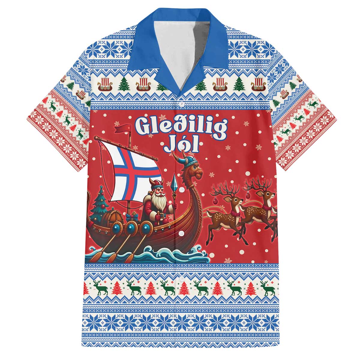 Faroe Islands Viking Santa Christmas Family Matching Off The Shoulder Long Sleeve Dress and Hawaiian Shirt Funny Reindeer Norse Xmas - Wonder Print Shop