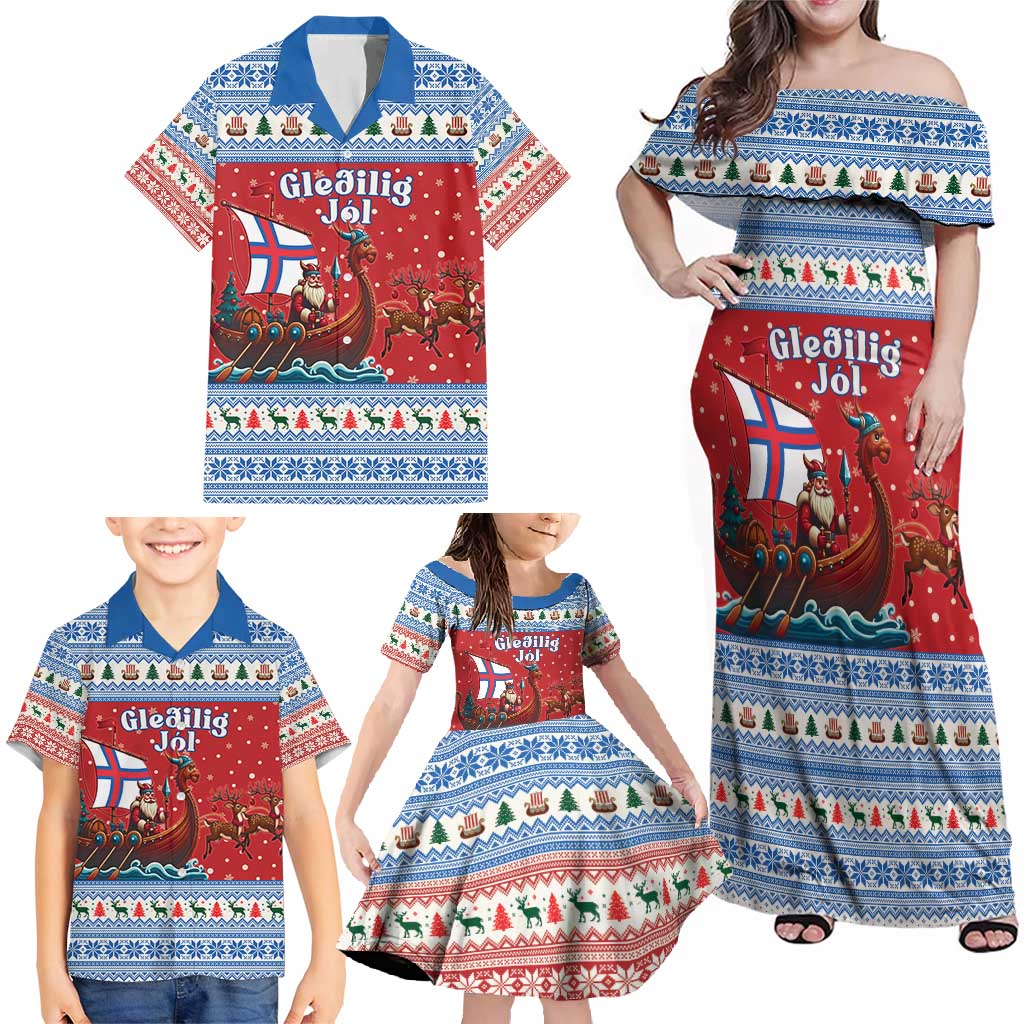 Faroe Islands Viking Santa Christmas Family Matching Off Shoulder Maxi Dress and Hawaiian Shirt Funny Reindeer Norse Xmas - Wonder Print Shop