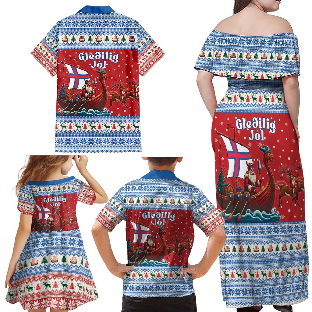 Faroe Islands Viking Santa Christmas Family Matching Off Shoulder Maxi Dress and Hawaiian Shirt Funny Reindeer Norse Xmas - Wonder Print Shop