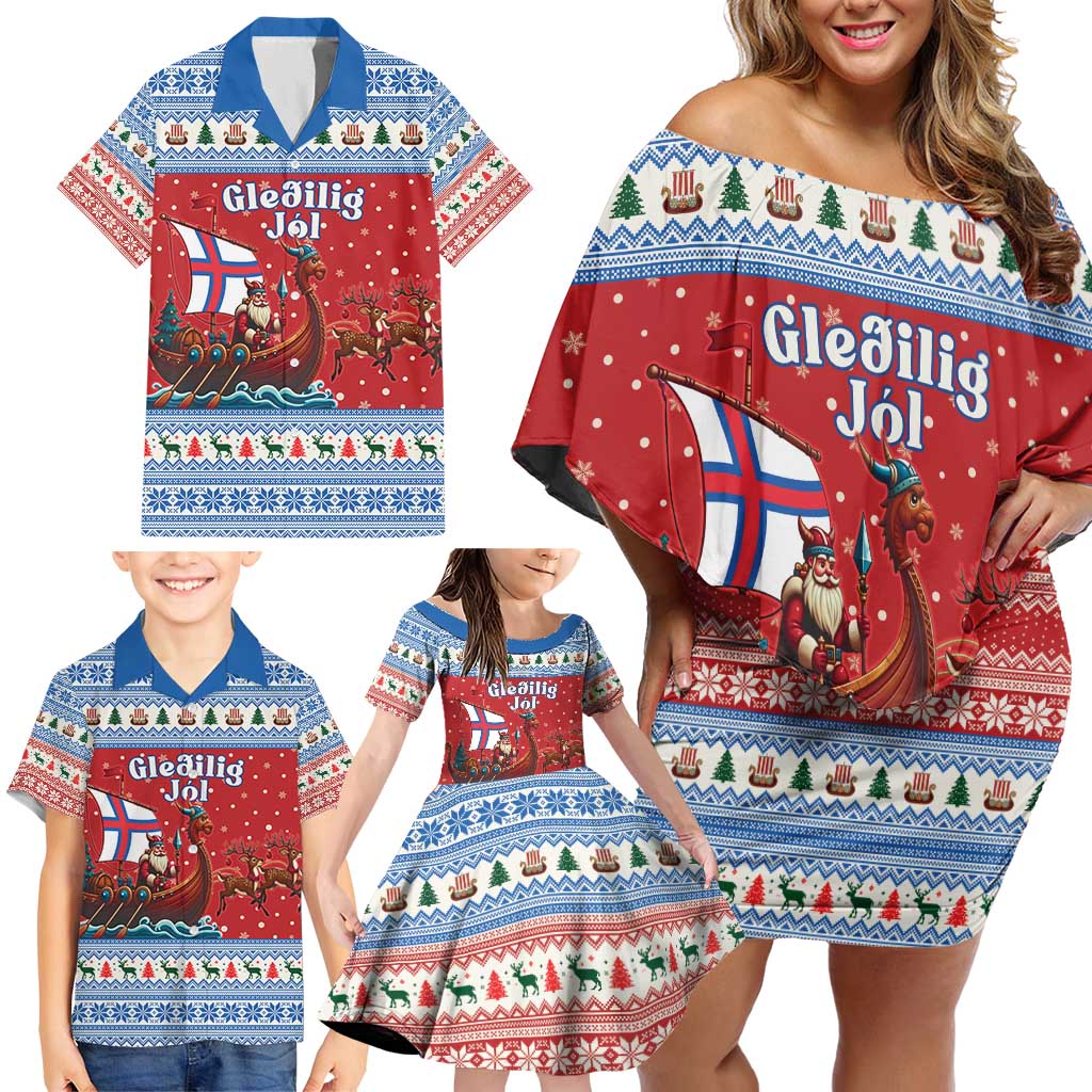 Faroe Islands Viking Santa Christmas Family Matching Off Shoulder Short Dress and Hawaiian Shirt Funny Reindeer Norse Xmas - Wonder Print Shop