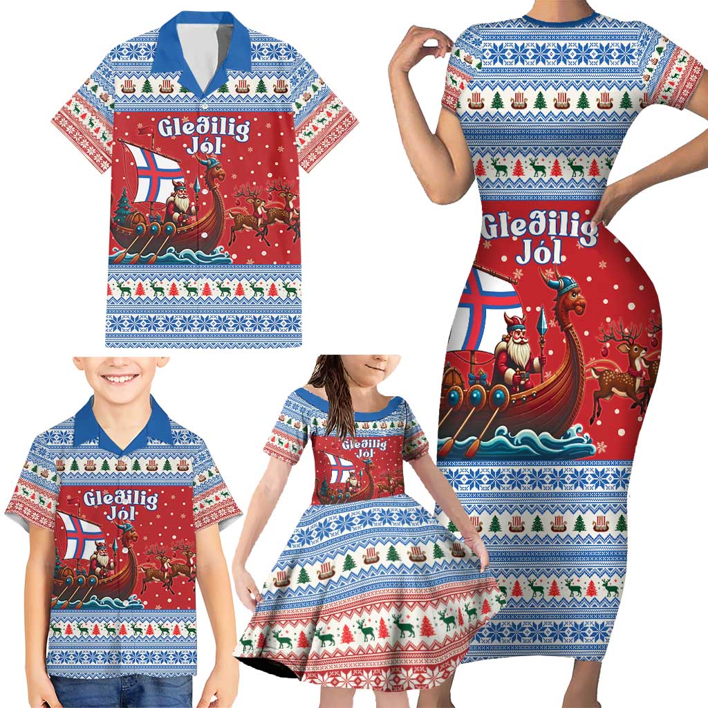Faroe Islands Viking Santa Christmas Family Matching Short Sleeve Bodycon Dress and Hawaiian Shirt Funny Reindeer Norse Xmas - Wonder Print Shop
