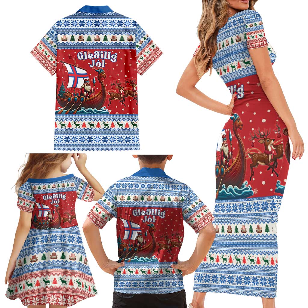 Faroe Islands Viking Santa Christmas Family Matching Short Sleeve Bodycon Dress and Hawaiian Shirt Funny Reindeer Norse Xmas - Wonder Print Shop