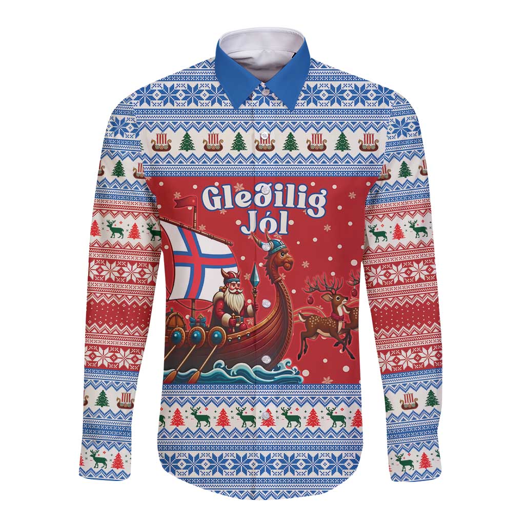 Faroe Islands Viking Santa Christmas Long Sleeve Button Shirt Funny Reindeer Norse Xmas - Wonder Print Shop