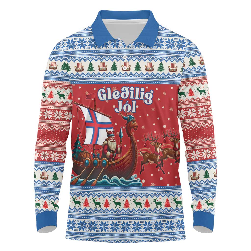 Faroe Islands Viking Santa Christmas Long Sleeve Polo Shirt Funny Reindeer Norse Xmas - Wonder Print Shop