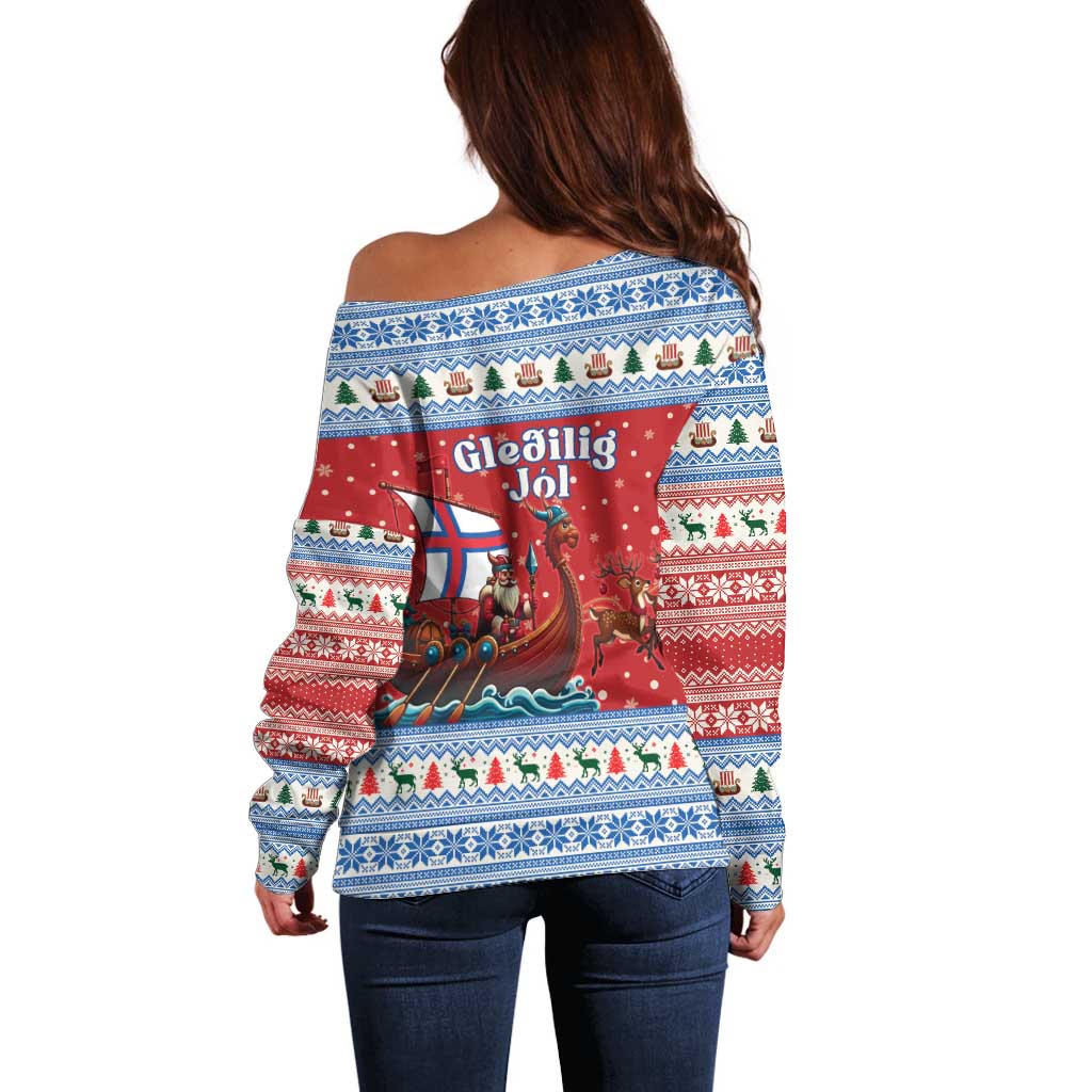 Faroe Islands Viking Santa Christmas Off Shoulder Sweater Funny Reindeer Norse Xmas - Wonder Print Shop