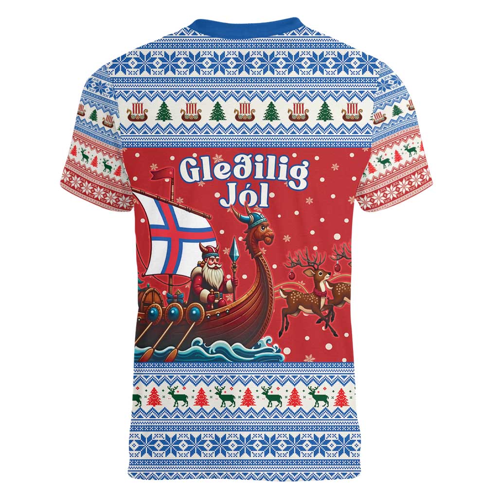 Faroe Islands Viking Santa Christmas Women V-Neck T-Shirt Funny Reindeer Norse Xmas - Wonder Print Shop